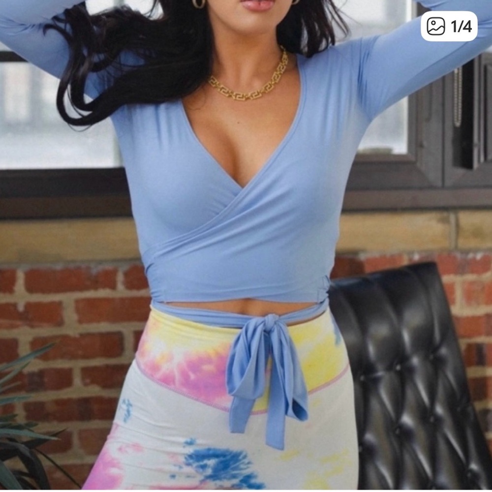 Balance Athletica Light Blue Wrap-Front Long Sleeve Crop Top